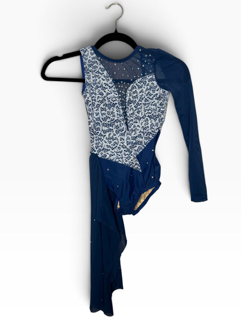 Reverence Style 301 Lace Mesh One Sleeve Leotard with Side Skirt in Blue YM